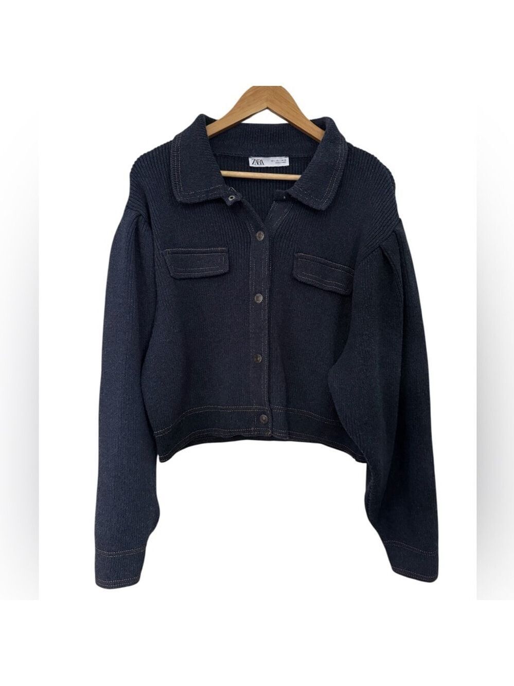 Zara Heavy Knit Cropped Jacket | Quiet Luxury Navy